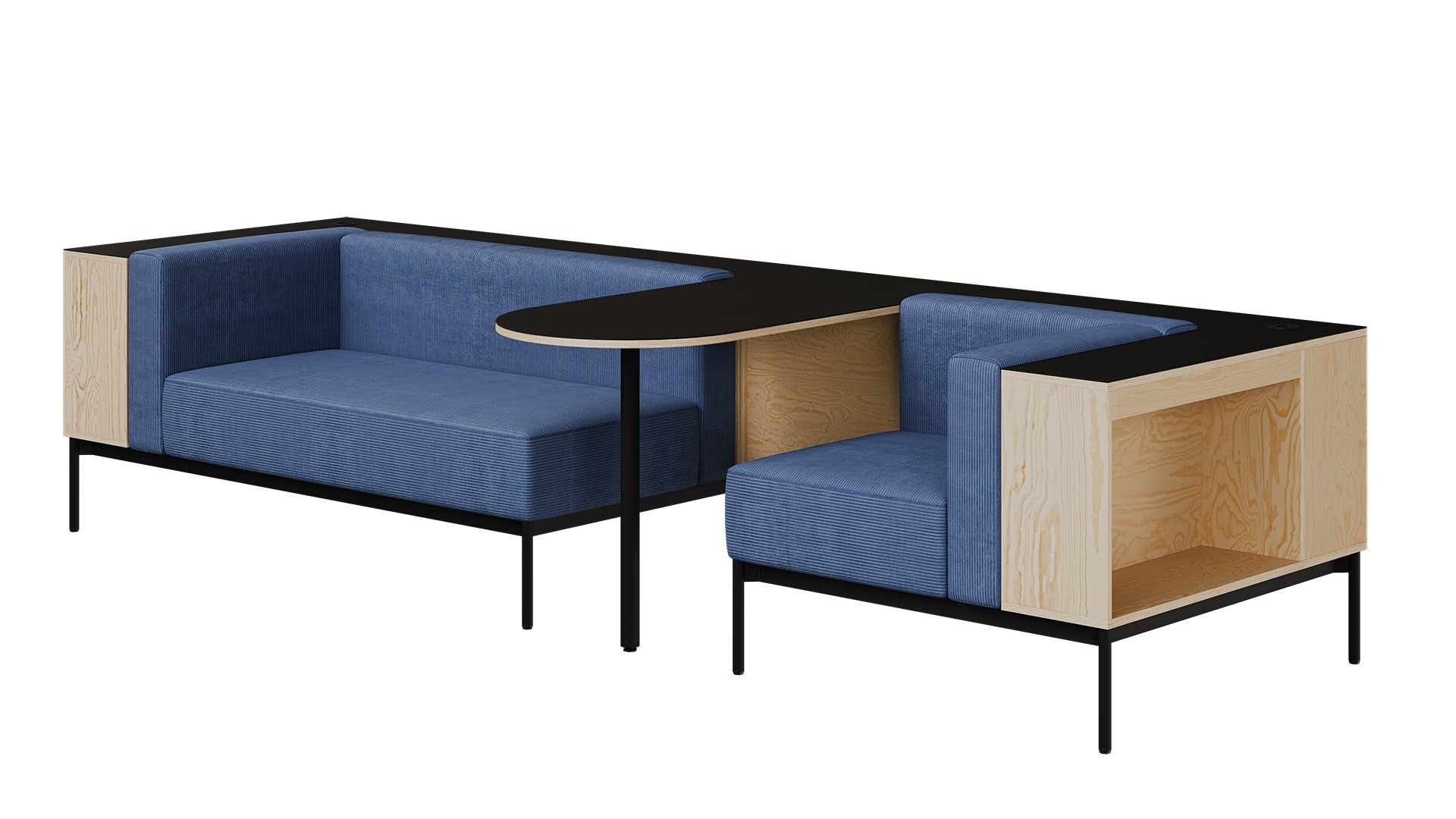 Photorealistic product CGI of blue office seating with a small table between the seats, highlighting detailed textile textures, created by Nordic Render.