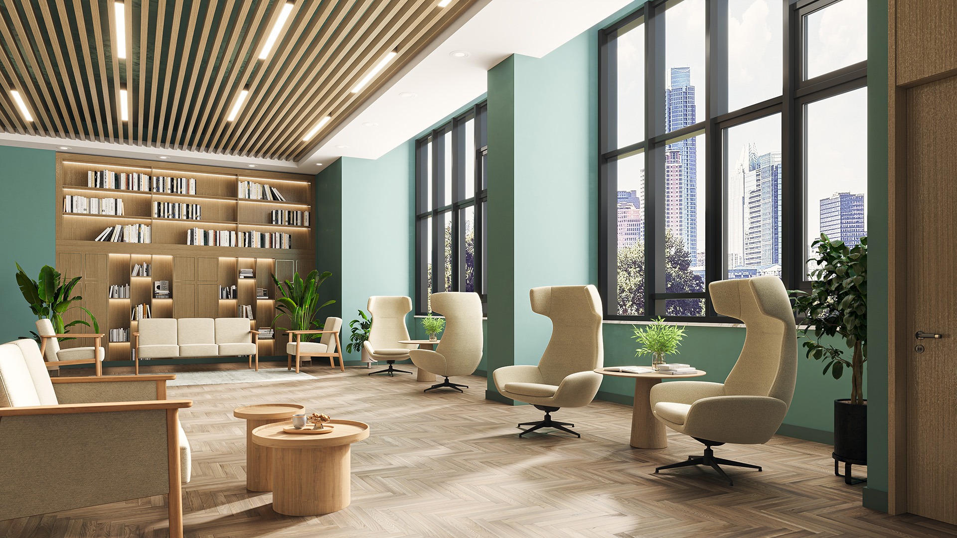 High-quality 3D visualization showcasing modern office furniture in a detailed interior with panoramic city views.