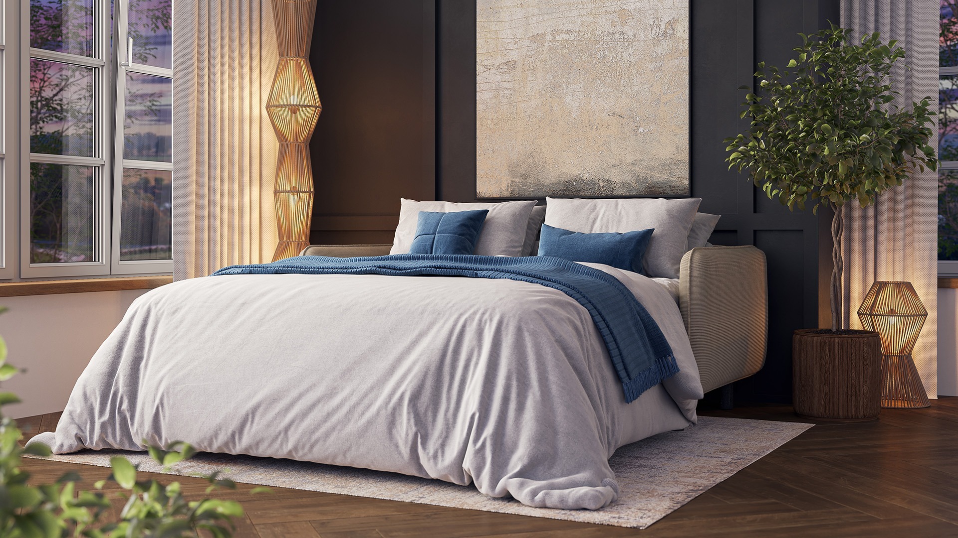 Photorealistic 3D visualization focusing on a bedroom bed with detailed bed linen textures and textile structure, created by Nordic Render.