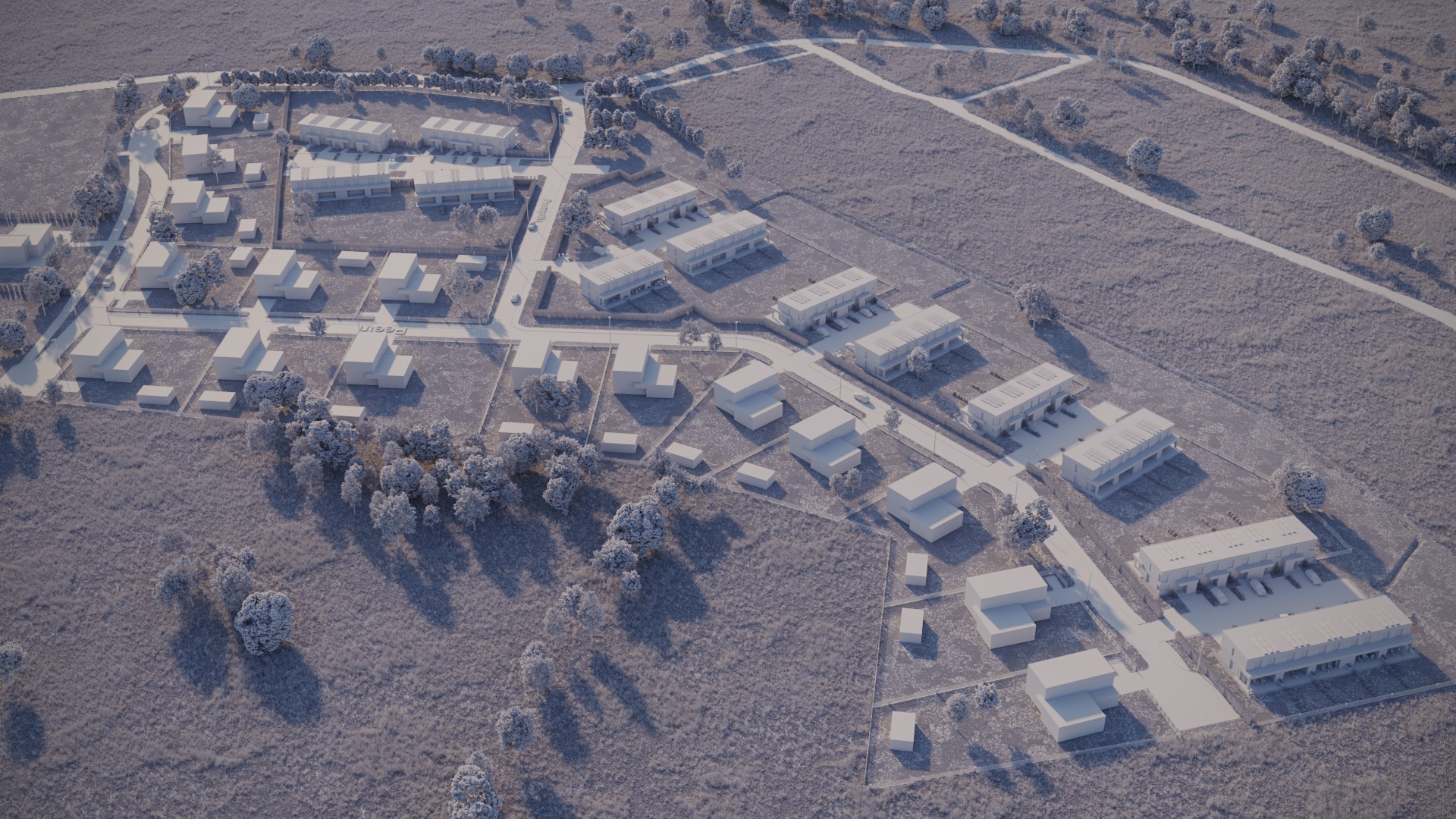 3D aerial view illustrating a real estate development, showing building layout, landscape design, and green areas.