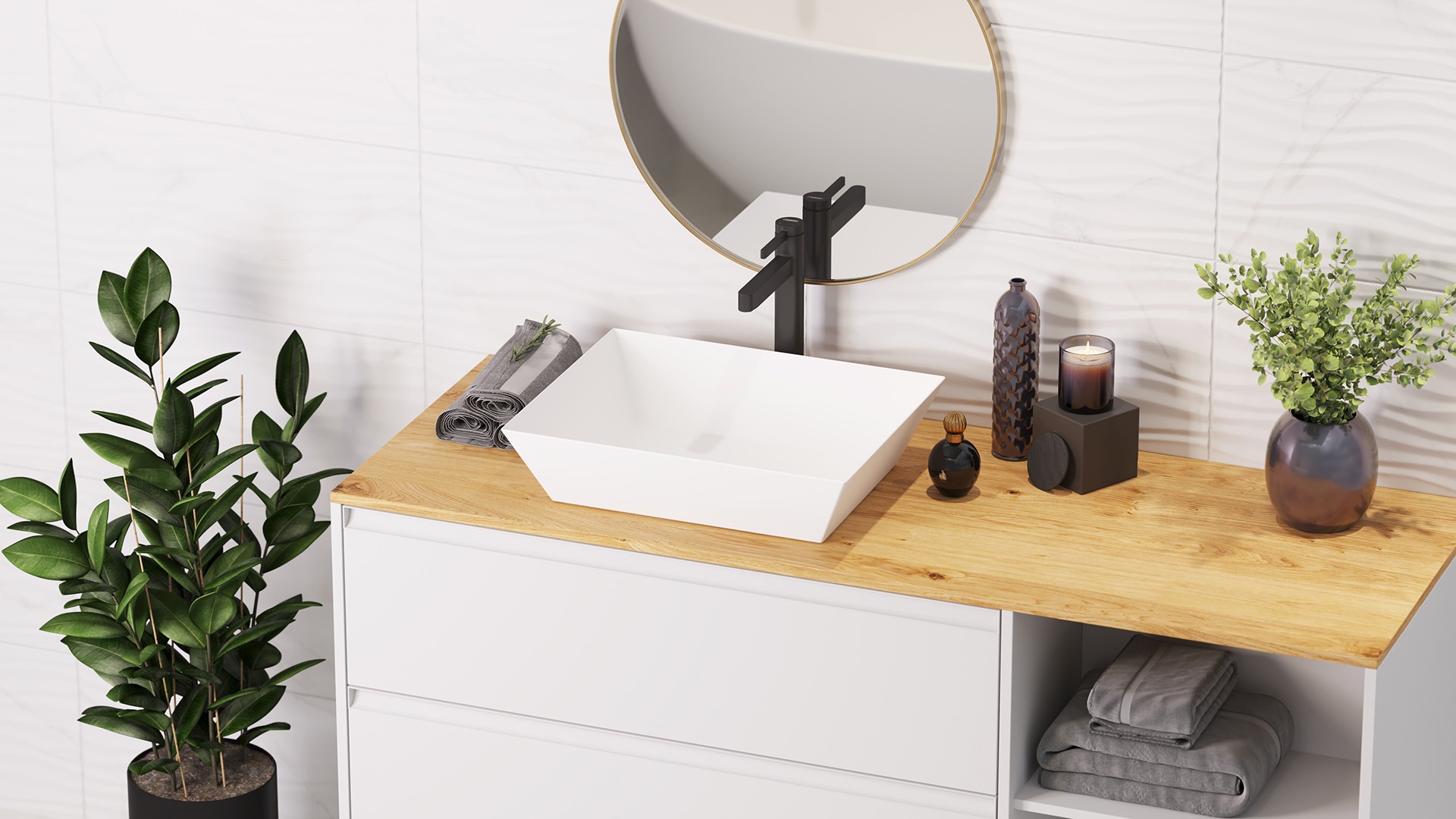 Photorealistic 3D visualization of a bathroom sink highlighting material details and finishes, created by Nordic Render.
