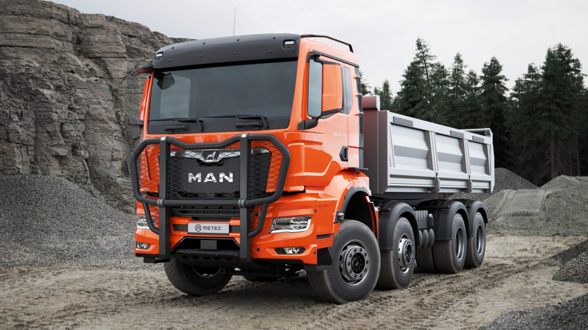Photorealistic product CGI front view of a red heavy-duty truck on a dirt road, highlighting detailed machinery, tires, and materials, created by Nordic Render.