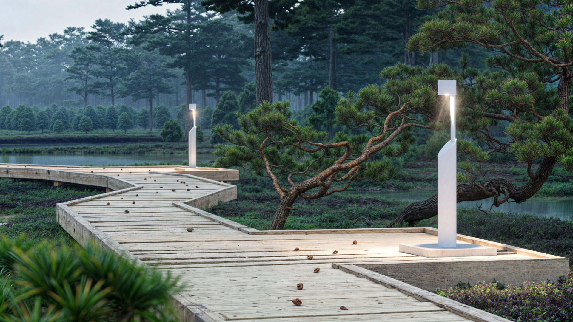 High-quality 3D visualization showcasing outdoor lighting along a wooden pathway at night, surrounded by forest and trees for a calm, emotional atmosphere.
