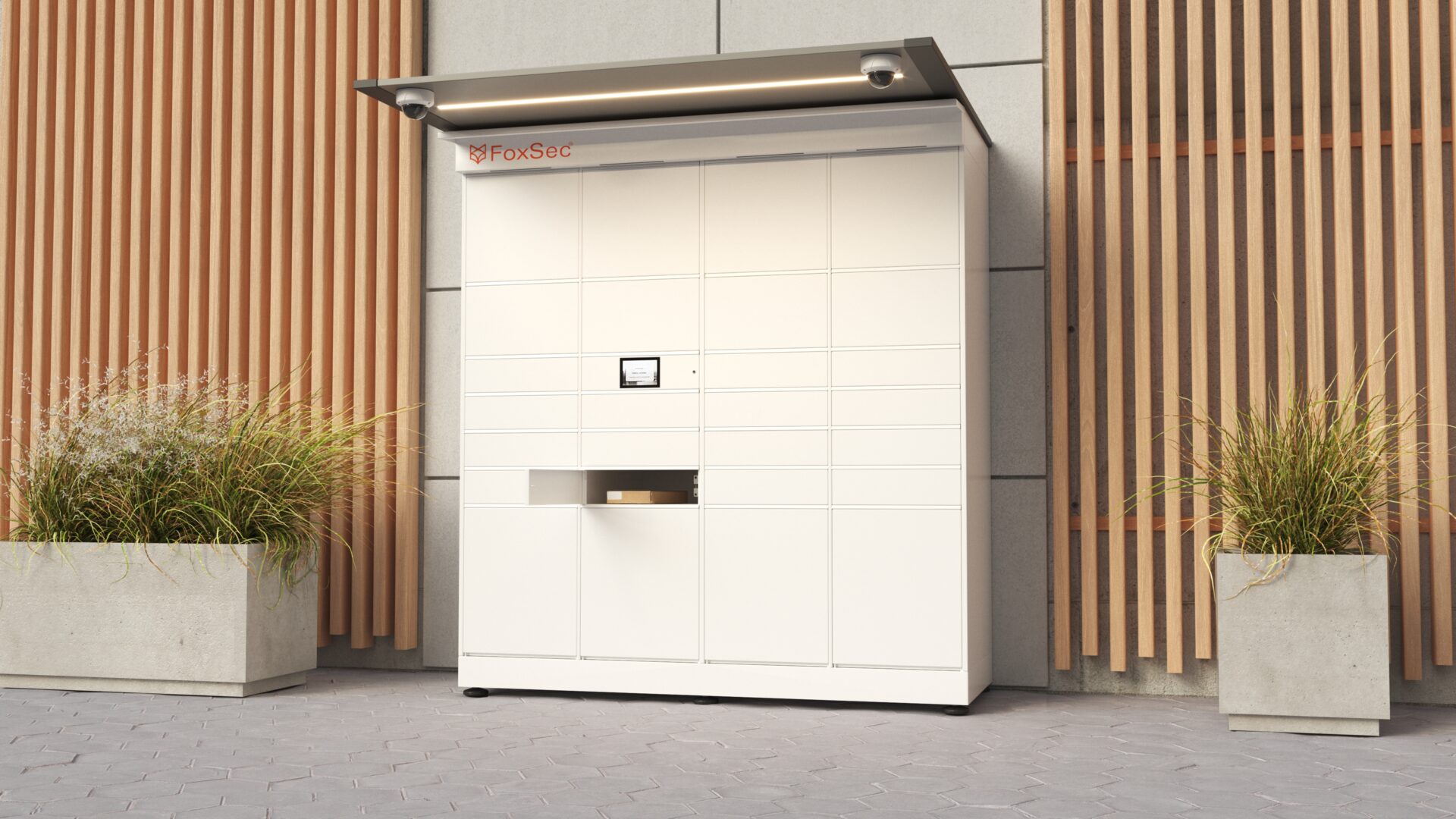 Photorealistic product CGI showing a parcel locker system during package delivery, highlighting construction details and functionality, created by Nordic Render.