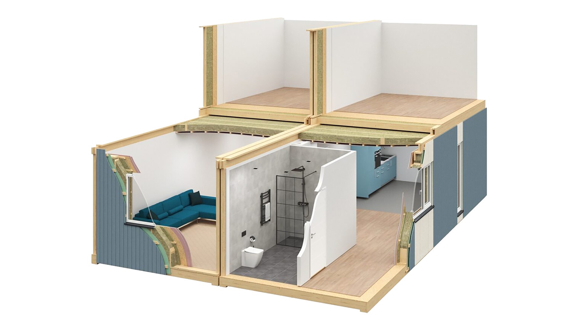 Photorealistic 3D cutaway visualization of a two-storey apartment showing wall layers and insulation structure, created by Nordic Render.
