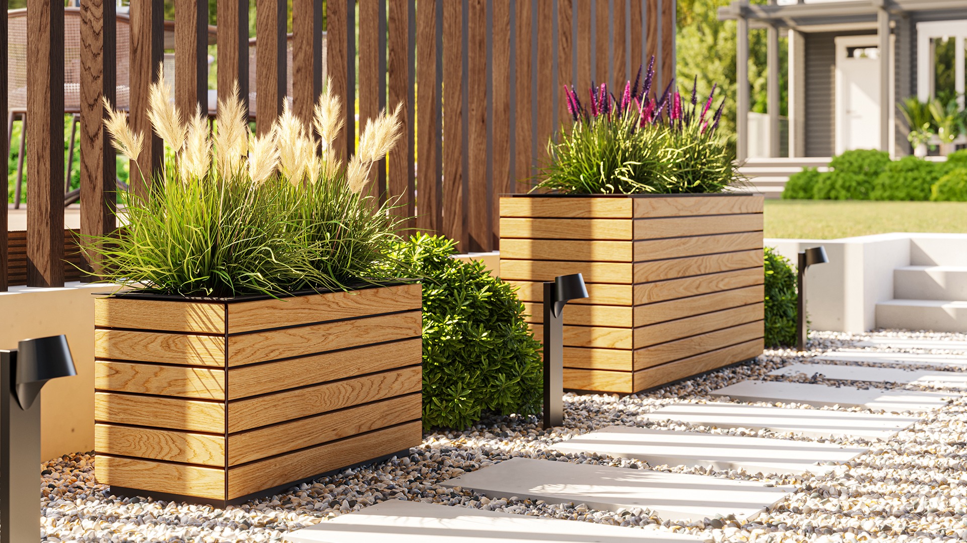 High-quality product CGI showcasing wooden planter structures with realistic textures, bright colors, and lush plant details.