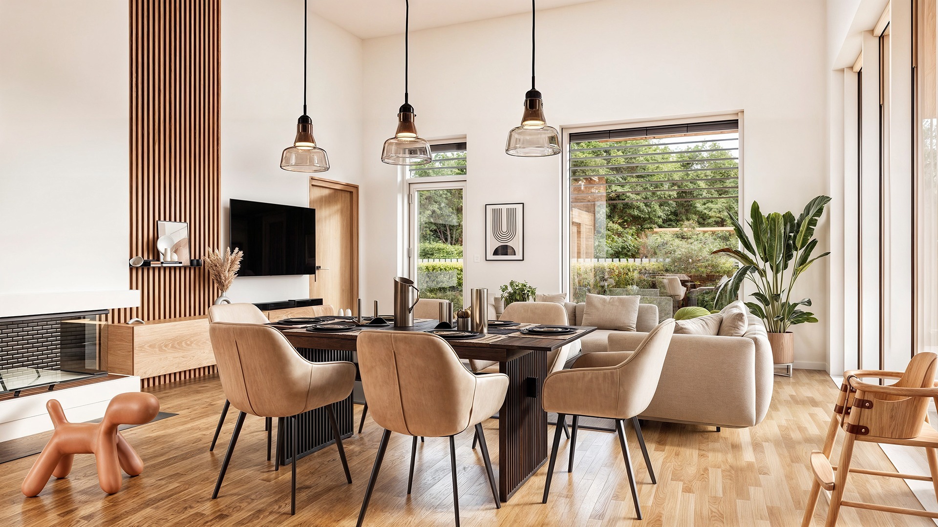 Photorealistic 3D visualization of a living room with dining table and chairs, sofa and TV, and garden view through large windows, created by Nordic Render.