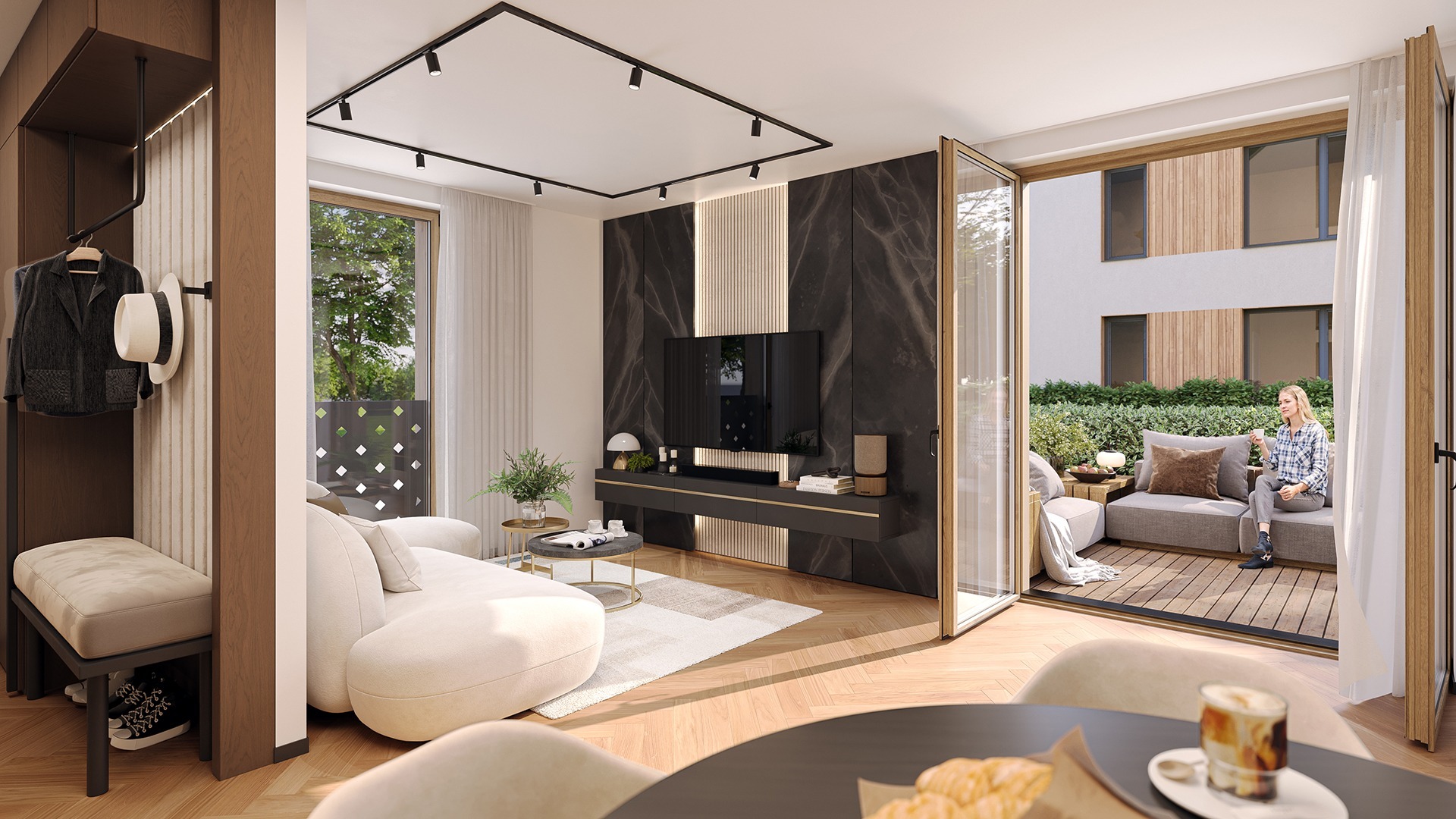 Photorealistic 3D interior visualization of a modern living room with sofa and TV, open garden doors, and outdoor view, created by Nordic Render.