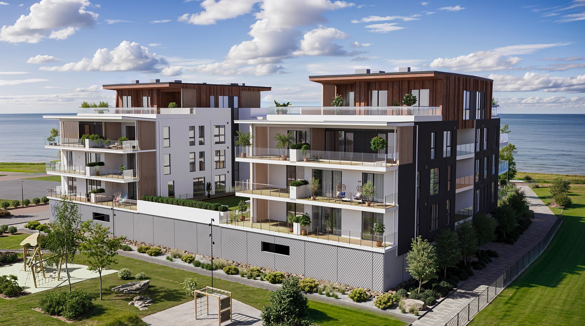 Photorealistic architectural rendering showing several apartment buildings positioned next to and behind each other with realistic urban detail.