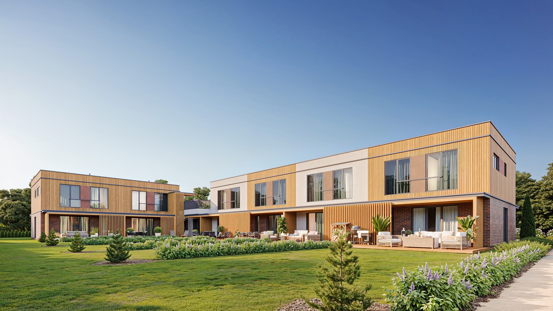 Photorealistic exterior visualization of a townhouse with a landscaped garden, showcasing architectural design and outdoor living.