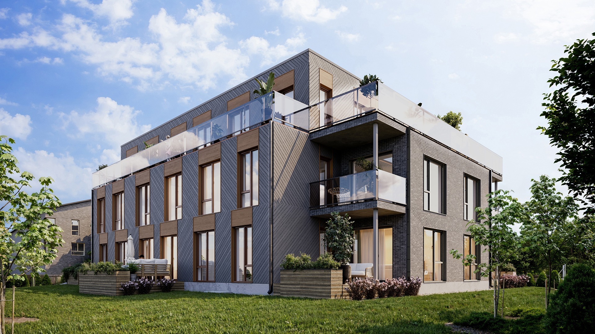 High-quality 3D visualization showing the side façade of a gray apartment building with realistic materials and architectural detail.