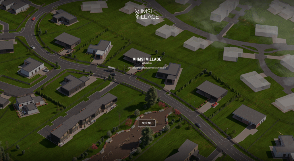 Still image from a 3D virtual tour showing a bird’s-eye view of the Viimsi Village new development, created by Nordic Render.