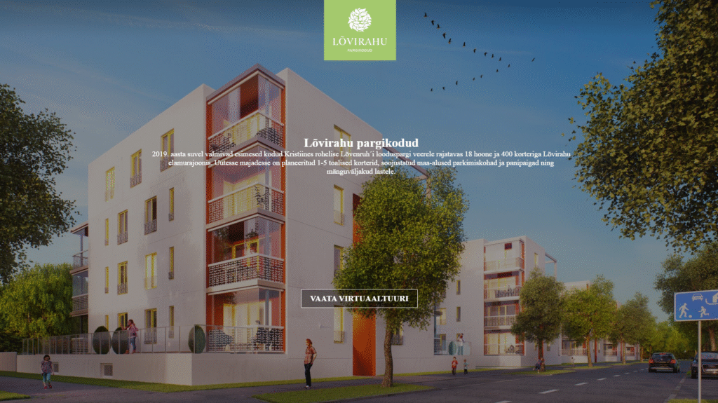 3D virtual tour screenshot showing multiple apartment buildings positioned next to each other, illustrating building layout and scale.