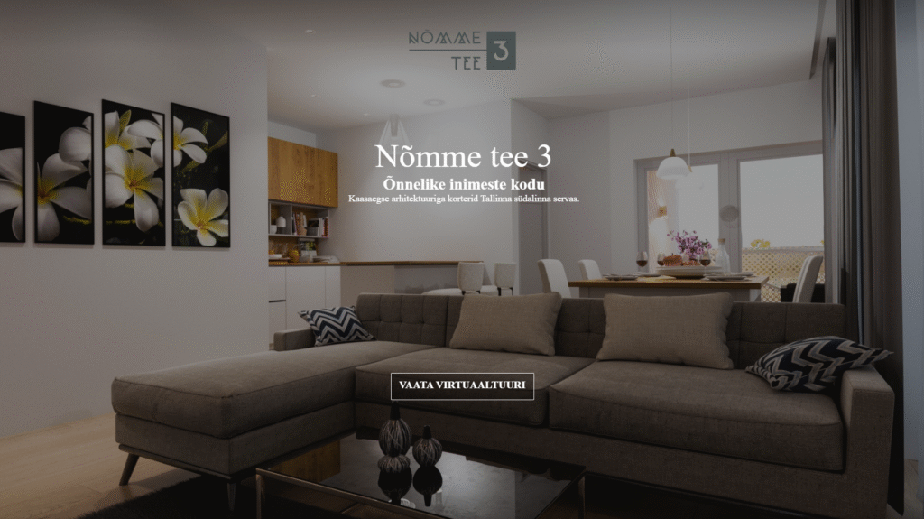 3D virtual tour screenshot of a living room interior with detailed materials, furniture, and lighting, created by Nordic Render.