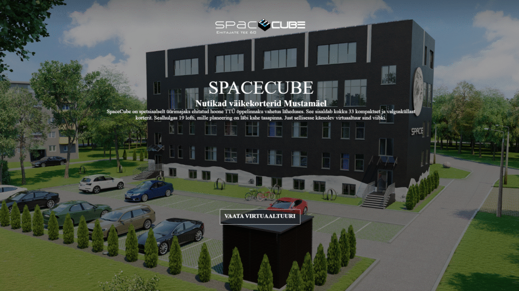 High-quality 3D virtual tour view showing a multi-level building with parking area, cars, trees, and landscaped green space.