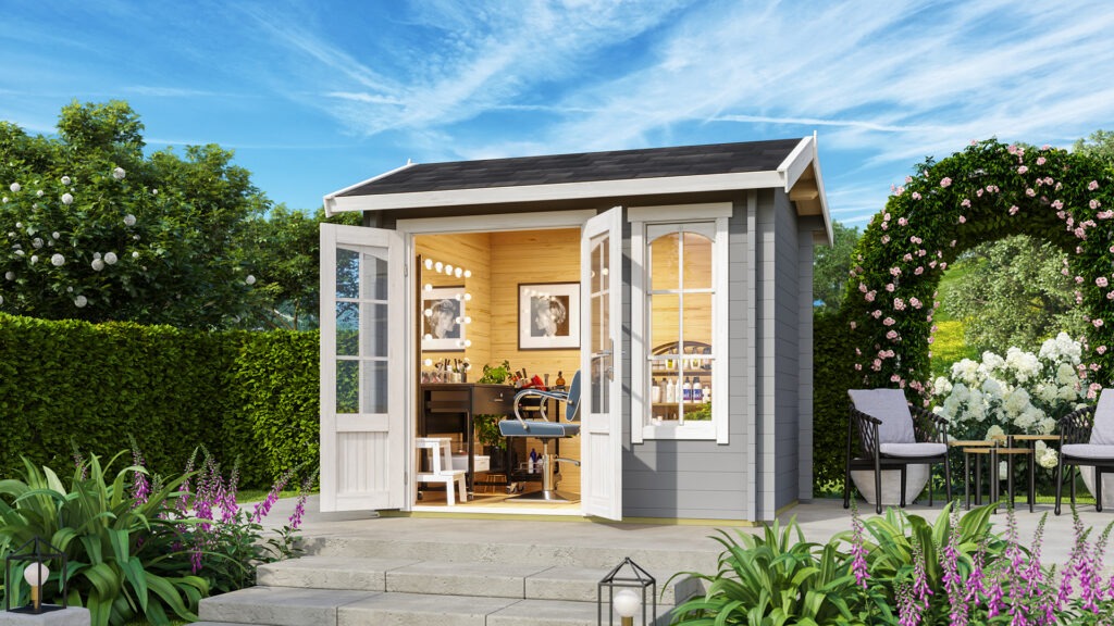 3D-Rendering eines Lasita Gartenhauses als funktionales Home-Office, moderne Außengestaltung