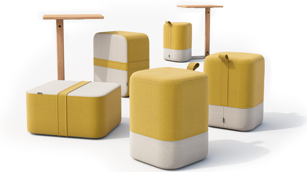 3D-Visualisierung von Softrend Bürostühlen und kleinen Tischen, moderne Büroeinrichtung