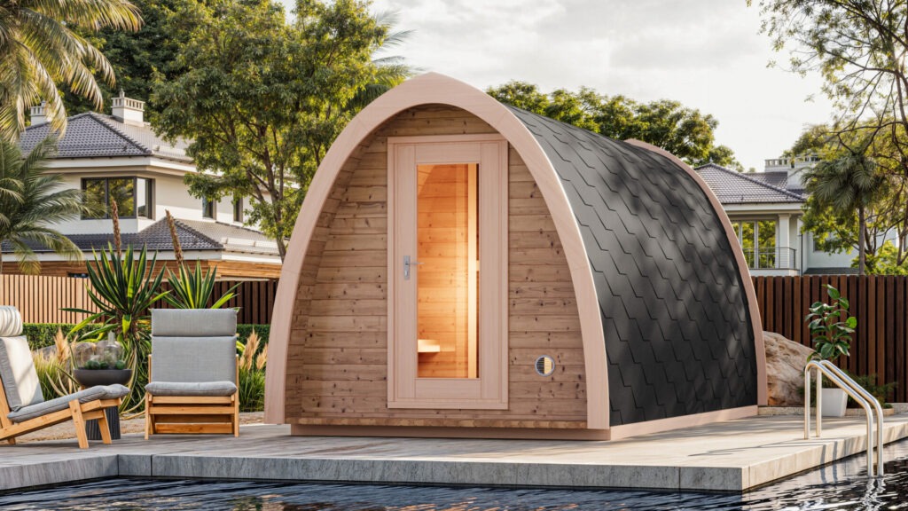 Photorealistic 3D render of a NordEst Saunas igloo sauna installed beside a backyard pool, render by Nordic Render