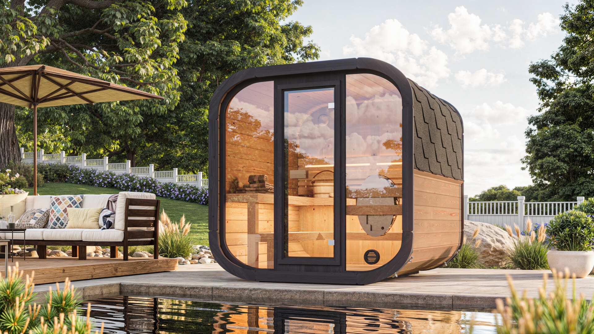 ChatGPT said: Fotorealistlik 3D-visualiseering NordEst Saunas kaasaegsest välisaunast haljastatud USA koduaias, sooja interjöörivalgustusega.