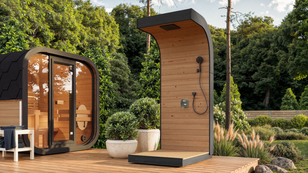 Fotorealistlik 3D-visualiseering välisaunast ja välidušist moodsas USA eramaja aias, loodud Nordic Renderi poolt.