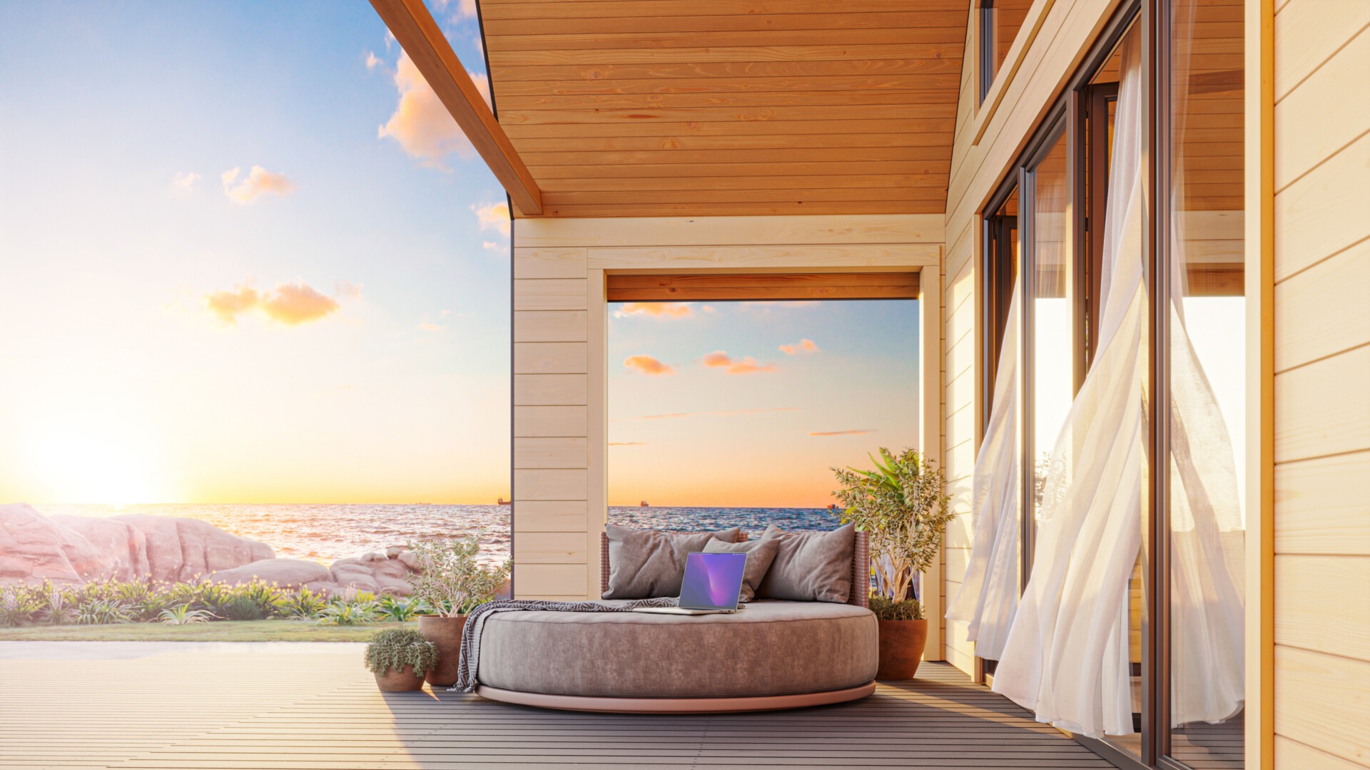 Fotorealistische 3D-Visualisierung einer Meeres-Terrasse mit weichem Abendlicht, natürlichen Materialien und einem einladenden Lounge-Bereich, der Atmosphäre, Wohngefühl und emotionale Verbindung vermittelt.